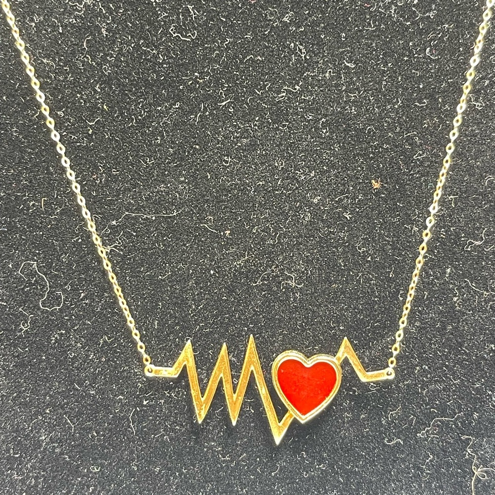 Gold and Red Heartbeat Necklace with Unique Pendant, 18 K Gold